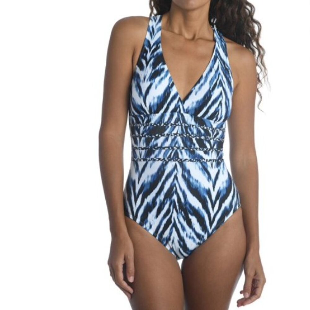 🌷 La Blanca Multi Strap Cross-Back One Piece Swimsuit, Indigo/Animal Instinct